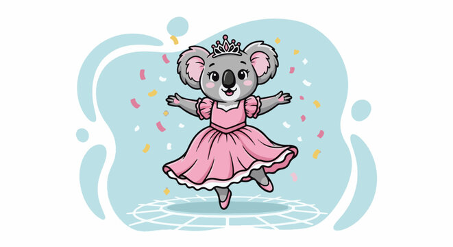 A cute cartoon koala in a pink tutu and crown dances joyfully