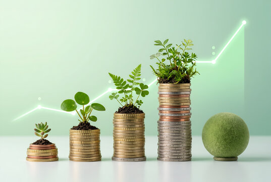 Money growth concept stacks of coins and plants showing financial and environmental success on chart background