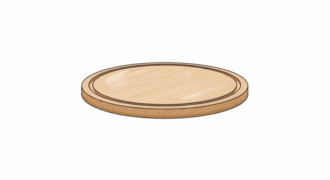 A light brown wooden round serving tray with a grooved edge