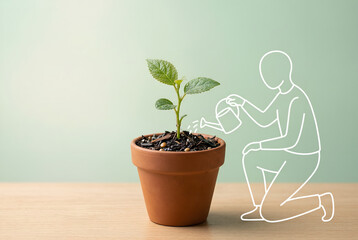 Fototapeta premium Small plant growing in pot with outlined person watering earth day concept environmental care green growth