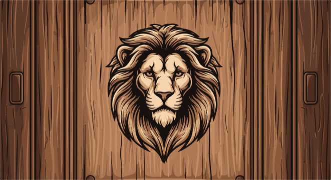 A fierce lion's head dominates a rustic wooden background