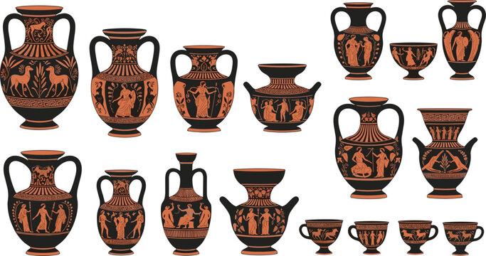 Ancient Greek pottery collection featuring amphorae kraters kylixes and vessels decorated with mythological scenes geometric borders floral motifs and classical art designs