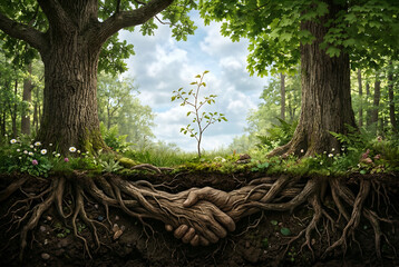 Obraz premium Two ancient trees roots form handshake supporting new green plant symbolizing environmental concept earth day growing