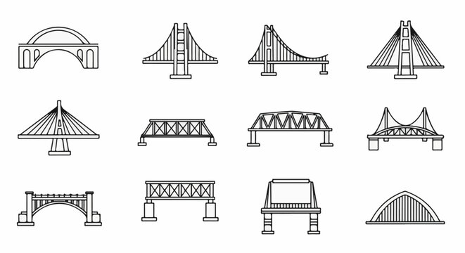 A collection of 12 distinct architectural bridge designs, rendered as line drawings