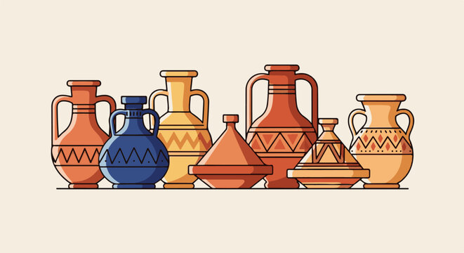 A collection of ceramic pottery in various shapes and warm colors