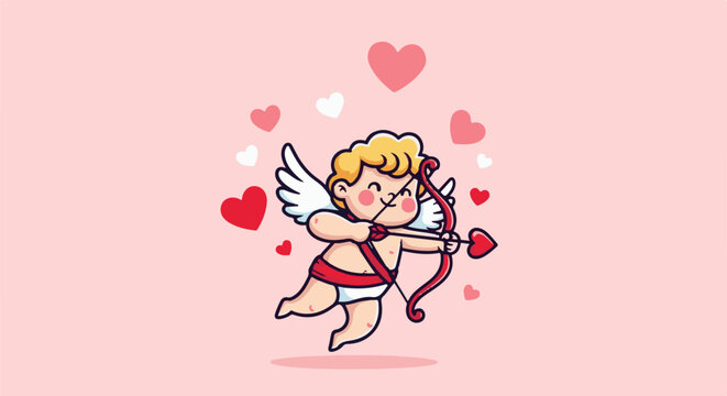 A cute winged cherub character aiming a bow and arrow with a heart tip