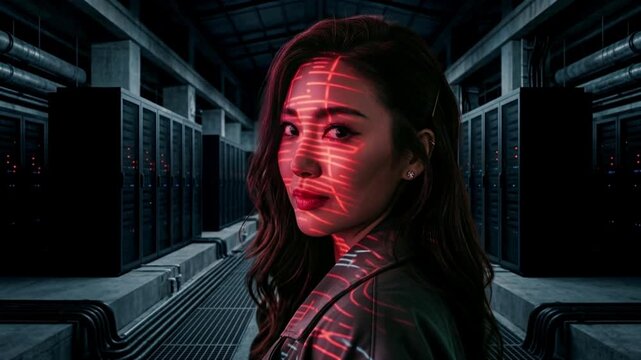 Cyberpunk korean girlfriend in dark high tech data center. Ideal for sci-fi trailers or tech commercials.
