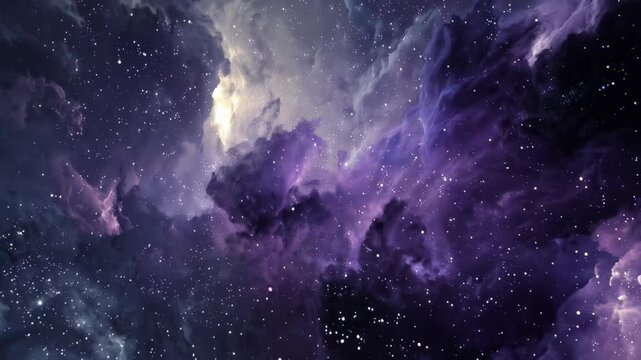 Exploration of a vast space filled with stars, clouds, and cosmic elements during night time