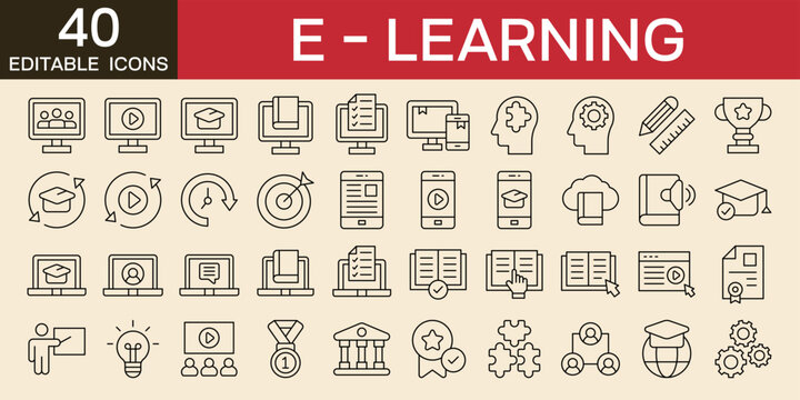 E - learning icons set vector illustration with icons of online education, online classes, online learning, distance learning, education from home, online books, internet learning on white background 
