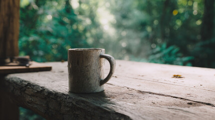 Naklejka premium Silent retreat in forest cabin with rustic ceramic mug on weathered wooden table surrounded by tranquil green nature and soft morning light creating peaceful atmosphere
