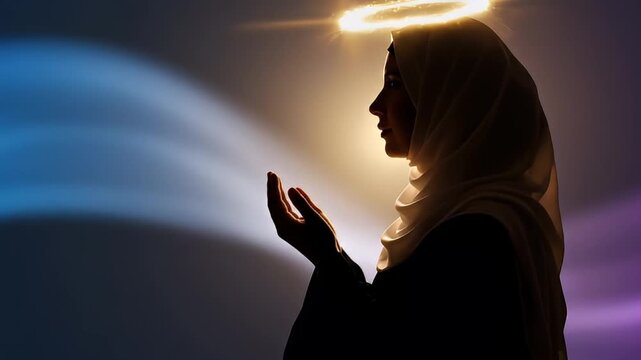Woman in Hijab Praying with Golden Halo and Light Rays