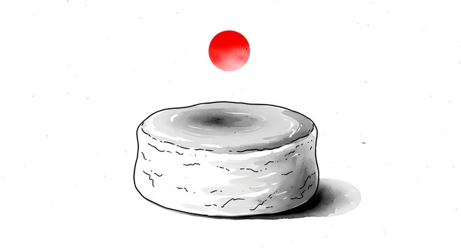 Minimalist Ink Wash Style, a fluffy Japanese cheesecake, featuring a simple red circle representing the sun, in a monochromatic black and white scheme
