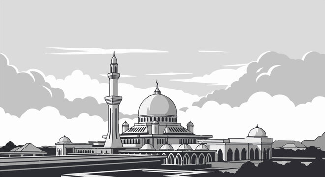 A grayscale illustration of a large mosque with a central dome and tall minaret