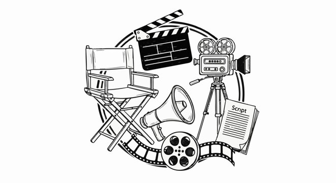 A hand-drawn collection of movie-making essentials, including a chair, camera, script