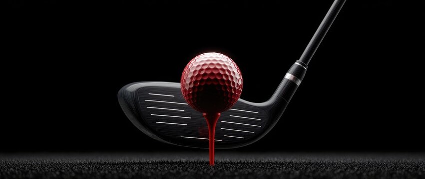 A golf ball perched on a tee, positioned centrally. A golf club looms, centered behind it. The background is a solid, dark, untextured space