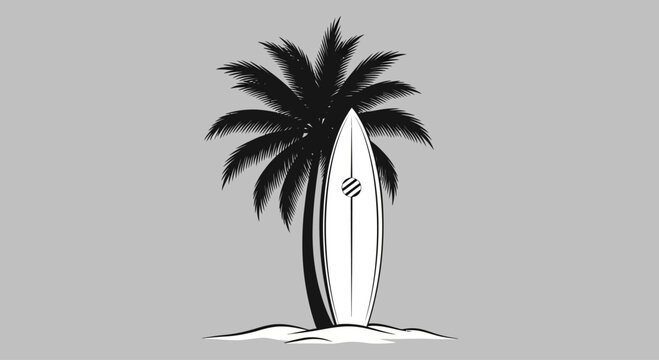 Surfboard standing under palm tree.
