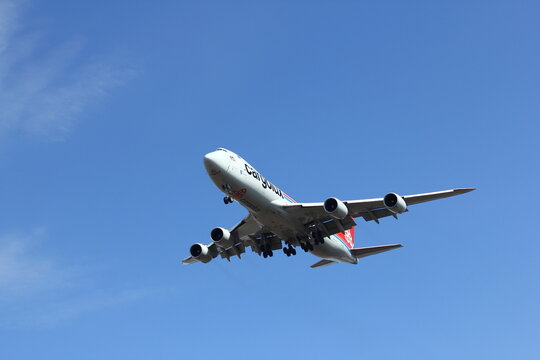 TOLMACHEVO AIRPORT, NOVOSIBIRSK - 30 APRIL 2016: Boeing 747-8 Cargolux landing at Novosibirsk Tolmachevo Airport.