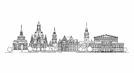 Fototapeta premium A detailed black and white sketch of an old European city skyline with various buildings and trees