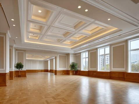 Spacious empty banquet hall with elegant coffered ceilings and wood paneling, modern classic interior design in a large conference room or event venue.