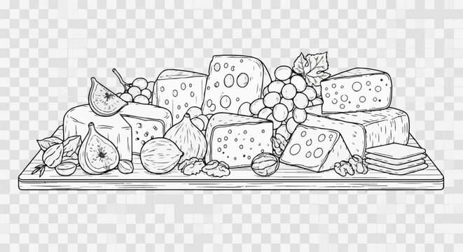 A hand-drawn illustration of a cheese board featuring various cheeses, fruits, and nuts