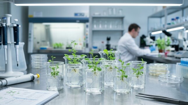 Small green plants growing in transparent beakers on a laboratory counter, illustrating scientific research and botanical study.