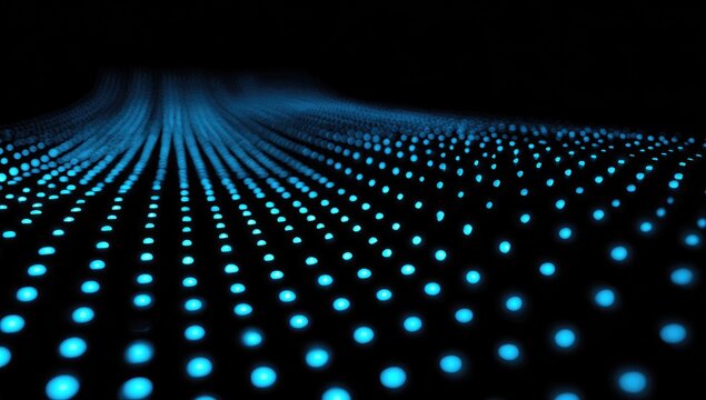 A grid of blue glowing dots stretches across a dark space. The perspective gives the illusion of depth and a curving surface