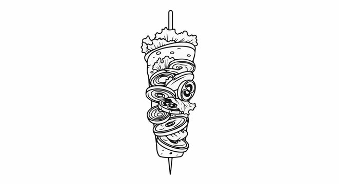 A hand-drawn outline of a shawarma kebab with layered vegetables