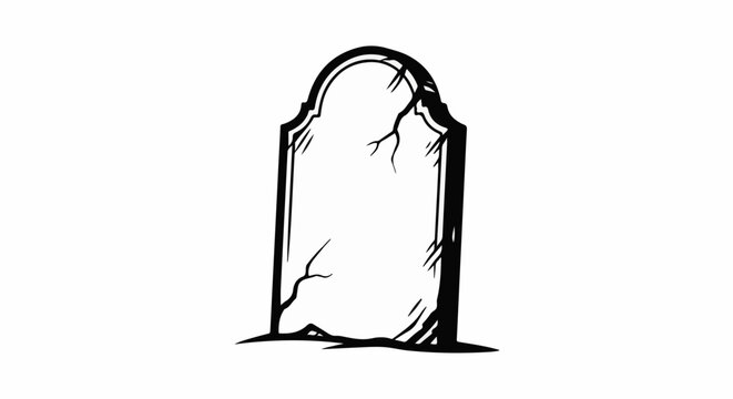A cracked, antique, arch-topped headstone stands on a desolate landscape