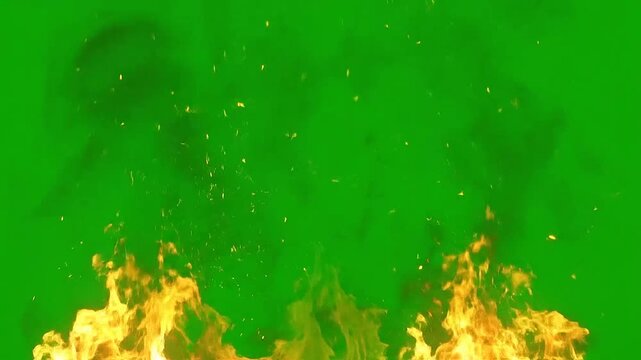 Realistic flames burning brightly against a vibrant green background, creating a fiery display