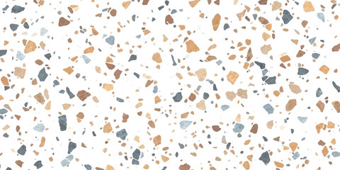 Abstract terrazzo pattern featuring scattered geometric chips on a clean white background surface Abstract terrazzo pattern featuring scattered geometric chips on a clean white background surface