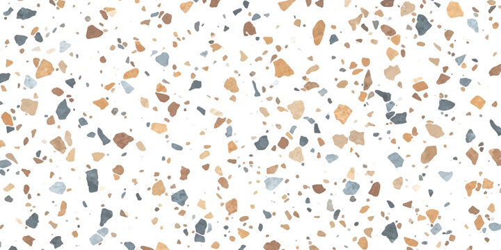 Abstract terrazzo pattern featuring scattered geometric chips on a clean white background surface
