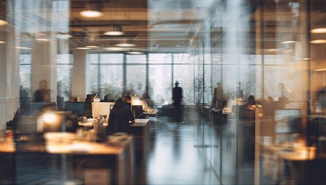 Modern office interior with blurred people working, viewed through reflective glass