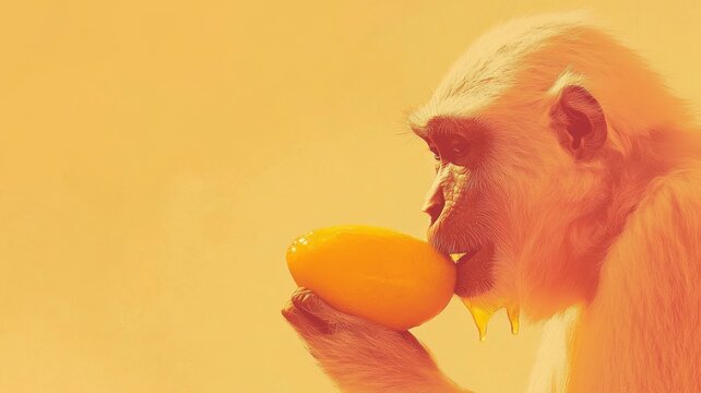 Close-up of monkey enjoying fruit with vibrant yellow background