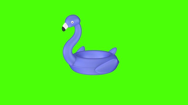 Blue inflatable flamingo pool float pulses and moves closer and farther from the screen on a green chroma key background, playful 3D animation perfect for summer, travel and vacation overlays