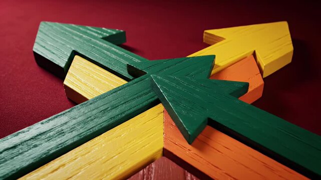 Intersecting colorful arrows on a deep red background