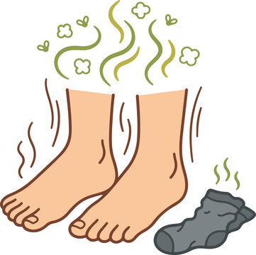 Vector illustration of smelly feet with odor lines and dirty socks, depicting foot odor and hygiene issues in a simple cartoon style.