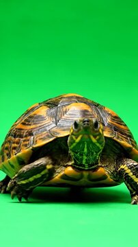 A small turtle with a patterned shell walks slowly across a bright green background