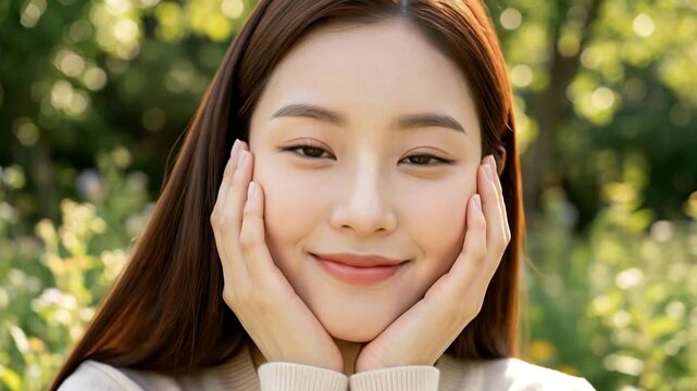 Beautiful korean girlfriend smiling in a sunny garden park, Ideal for skincare or lifestyle advertisements.