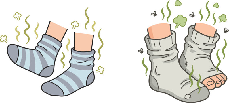 Comparison of clean and smelly socks, illustrating hygiene differences with odor lines and worn-out details in a humorous style.
