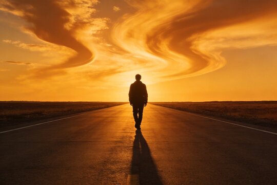 Person walking on road at sunset
