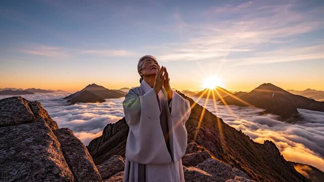 Person with open arms on mountain summit under sunrise clouds