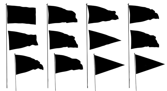 Flags parade set with black and white silhouettes on thin poles for travel banners and celebration backgrounds