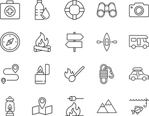 Outdoor camping adventure travel line icon set, campfire, compass, binoculars, camera, map, fishing © Sifat Shop