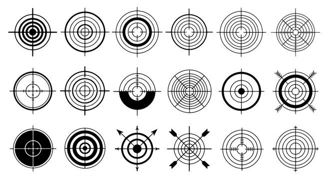 Targets bullseye concentric circles radar crosshair icons set for shooting training aim marker UI design