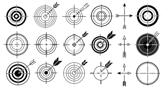 Targets radar scope icon set with bullseye rings, crosshairs, arrows and line art for shooting training and aiming