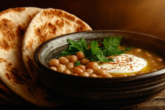 Traditional egyptian breakfast ful medames with fava beans and pita bread