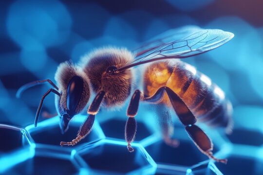 Futuristic bee in digital environment with neon hexagonal patterns