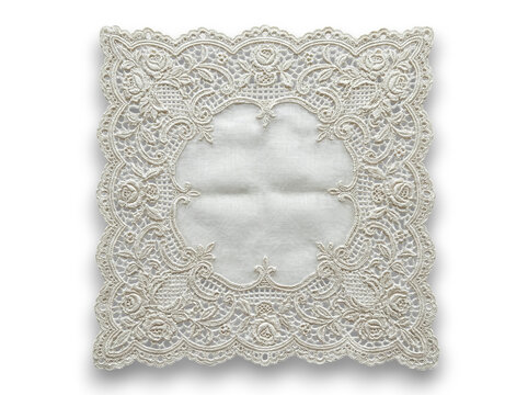 Intricate vintage cream crochet lace doily with detailed floral cutwork patterns on a transparent background