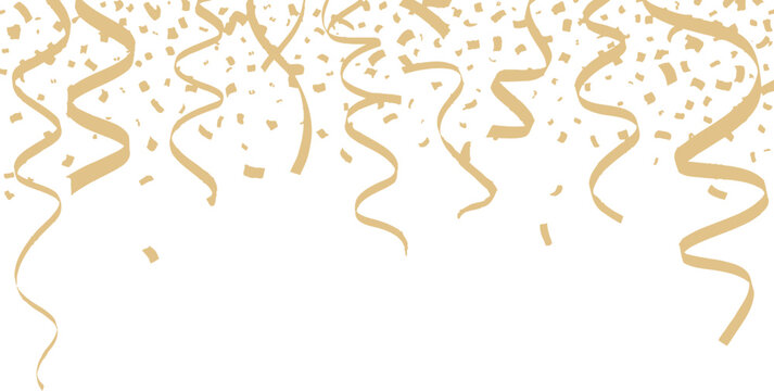 Golden confetti and ribbons falling down on white background for celebration decoration