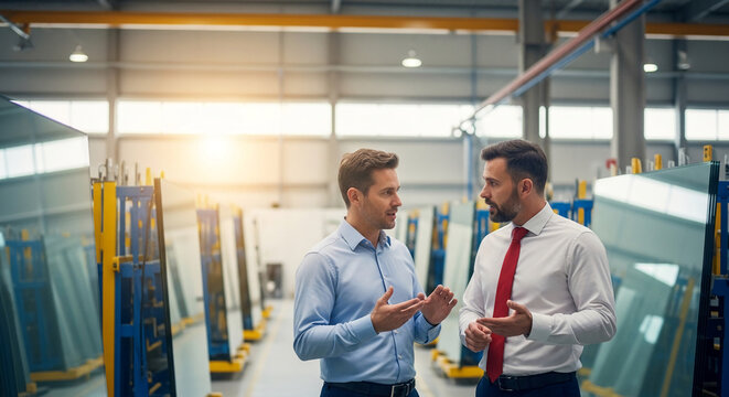 Two men in shirts converse in a factory, surrounded by glass panels. Represents business discussion, collaboration, or industrial negotiation.